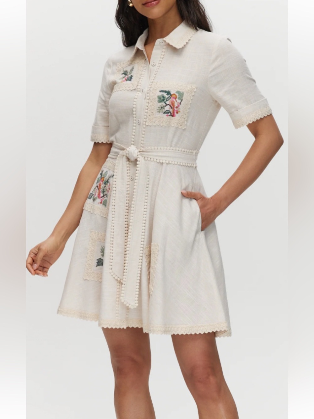Calypso St. Barth Cream Embroidered Mini Dress with Tie Belt